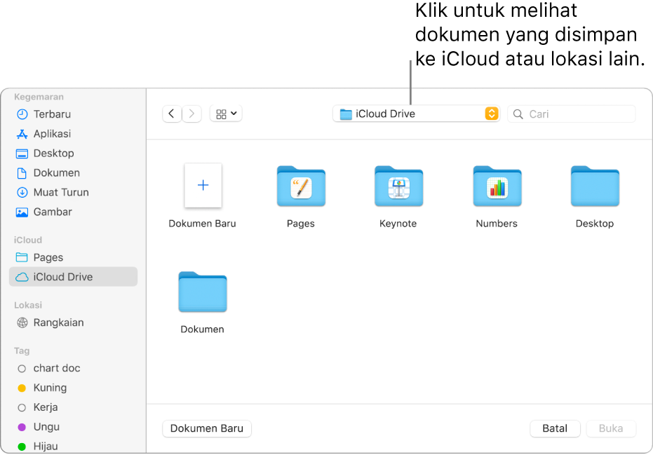 Dialog Buka dengan bar sisi dibuka pada bahagian kiri dan iCloud Drive dipilih dalam menu timbul di bahagian atas. Folder untuk Keynote, Numbers dan Pages muncul dalam dialog, bersama dengan butang Dokumen Baharu.