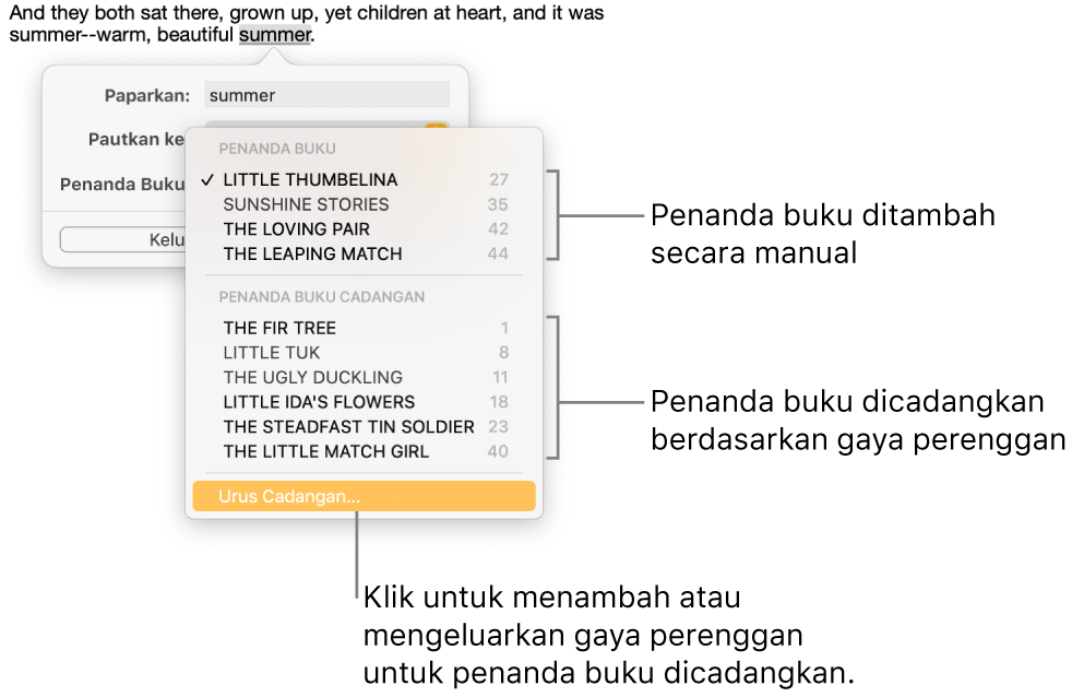 Senarai penanda buku dengan penanda buku ditambah secara manual di bahagian atas dan penanda buku cadangan di bahagian bawah. Pilihan Uruskan Cadangan berada di bawah.