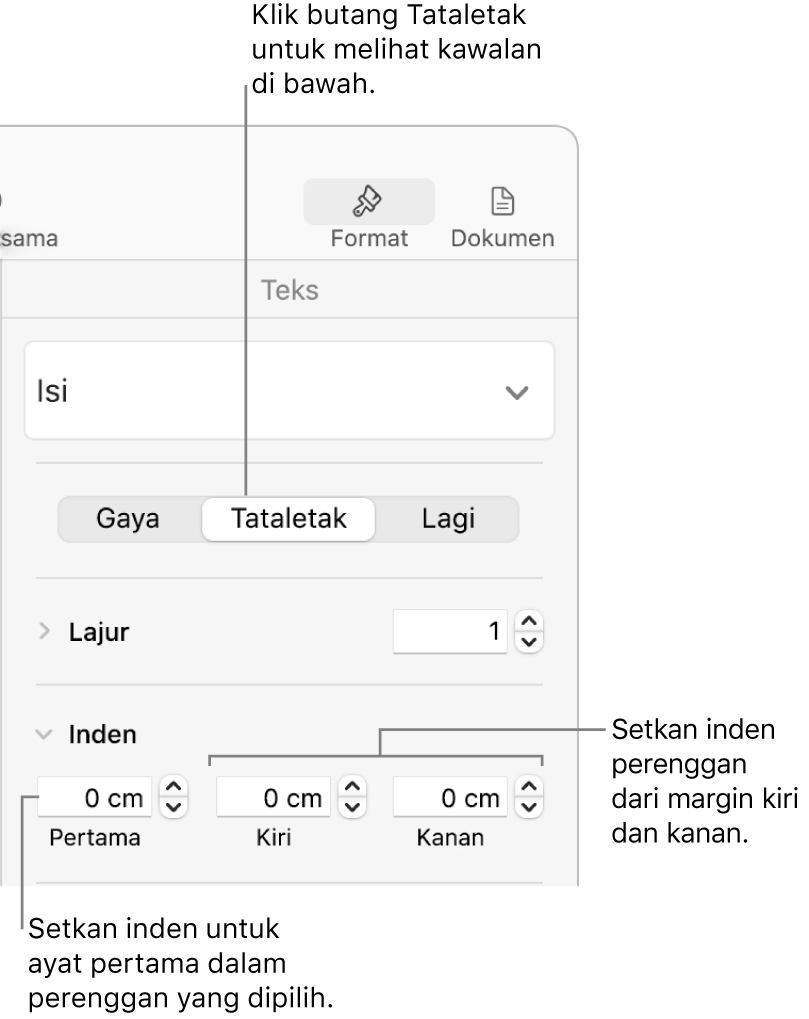 Kawalan dalam bahagian Tataletak pada bar sisi Format untuk mengesetkan inden baris pertama.