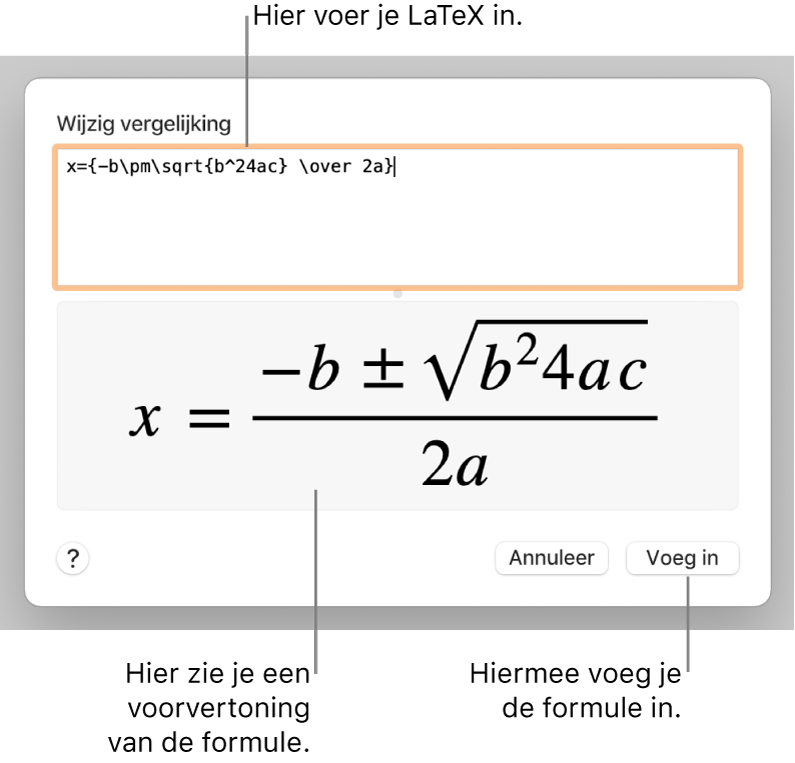 In het veld 'Vergelijking' staat een LaTeX-wortelformule, met daaronder een voorvertoning van de formule.