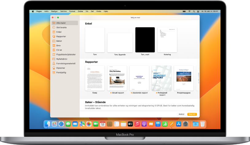 En MacBook Pro med Pages-malvelgeren på skjermen. Alle maler-kategorien er markert til venstre, og forhåndsdesignede maler vises til høyre i rader etter kategori.