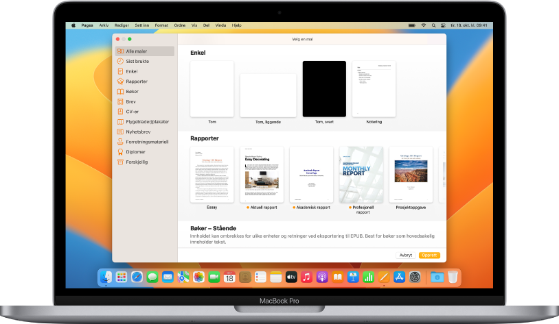 En MacBook Pro med Pages-malvelgeren på skjermen. Alle maler-kategorien er markert til venstre, og forhåndsdesignede maler vises til høyre i rader etter kategori.