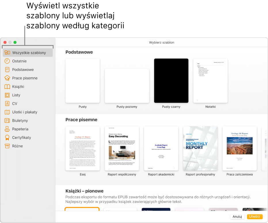 Paleta szablonów. Pasek boczny po lewej zawiera listę kategorii, w które możesz kliknąć, aby filtrować dostępne opcje. Po prawej stronie widoczne są miniaturki gotowych szablonów uporządkowane wierszami według kategorii, zaczynając od widocznej na górze kategorii Podstawowe, po której następuje kategoria Prace pisemne oraz kategoria Książki – pionowe. Menu podręczne Język i region znajduje się w lewym dolnym rogu, natomiast przyciski Anuluj oraz Utwórz znajdują się w prawym dolnym rogu.