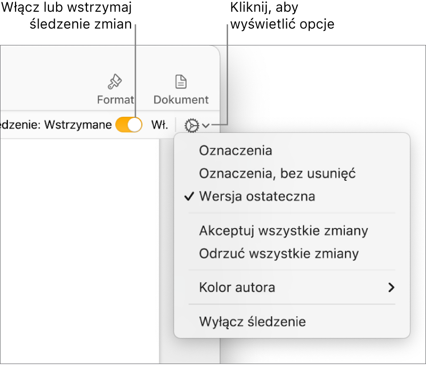 Menu opcji śledzenia zmian z poleceniem Wyłącz śledzenie na dole i etykietami do przycisków włączania i wstrzymywania śledzenia.