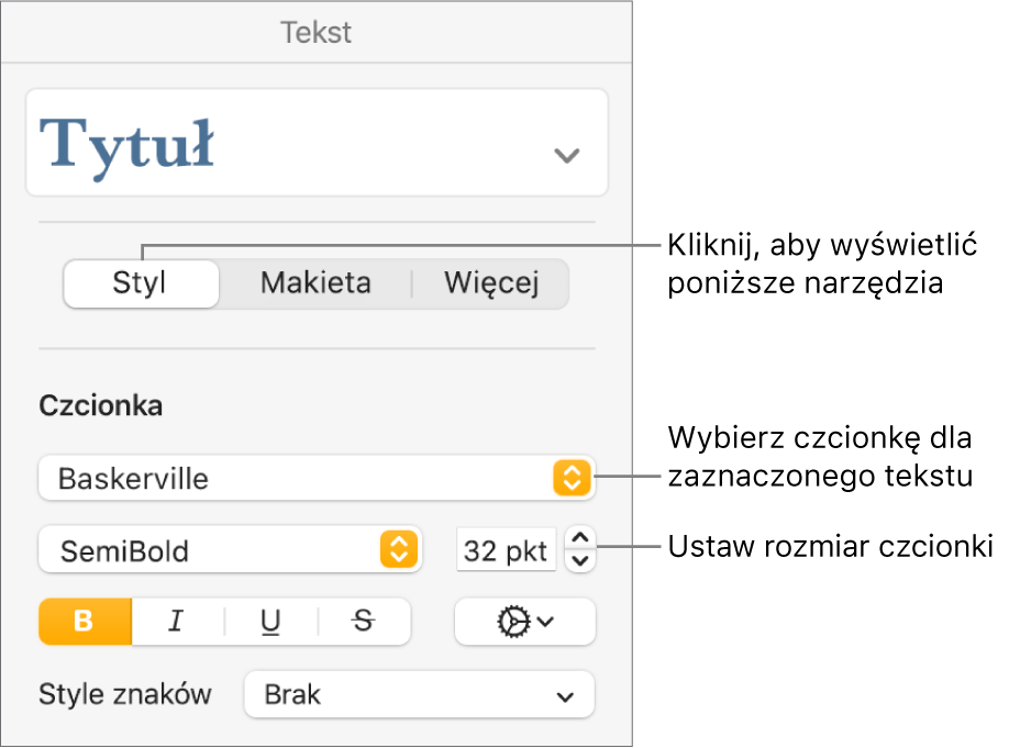 Narzędzia tekstu w sekcji Styl na pasku bocznym Format, pozwalające na ustawianie czcionki i jej wielkości.