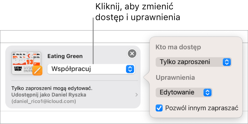 Zaproszenie do współpracy jest wysyłane w Wiadomościach. Menu podręczne potwierdza przywileje dostępu, uprawnienia i zaproszenia.
