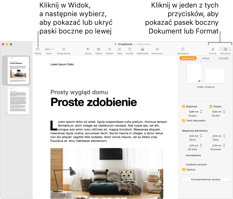 Okno Pages z etykietami wskazującymi przycisk menu Widok oraz przyciski Format i Dokument na pasku narzędzi. Po lewej i po prawej stronie otwarty jest pasek boczny.