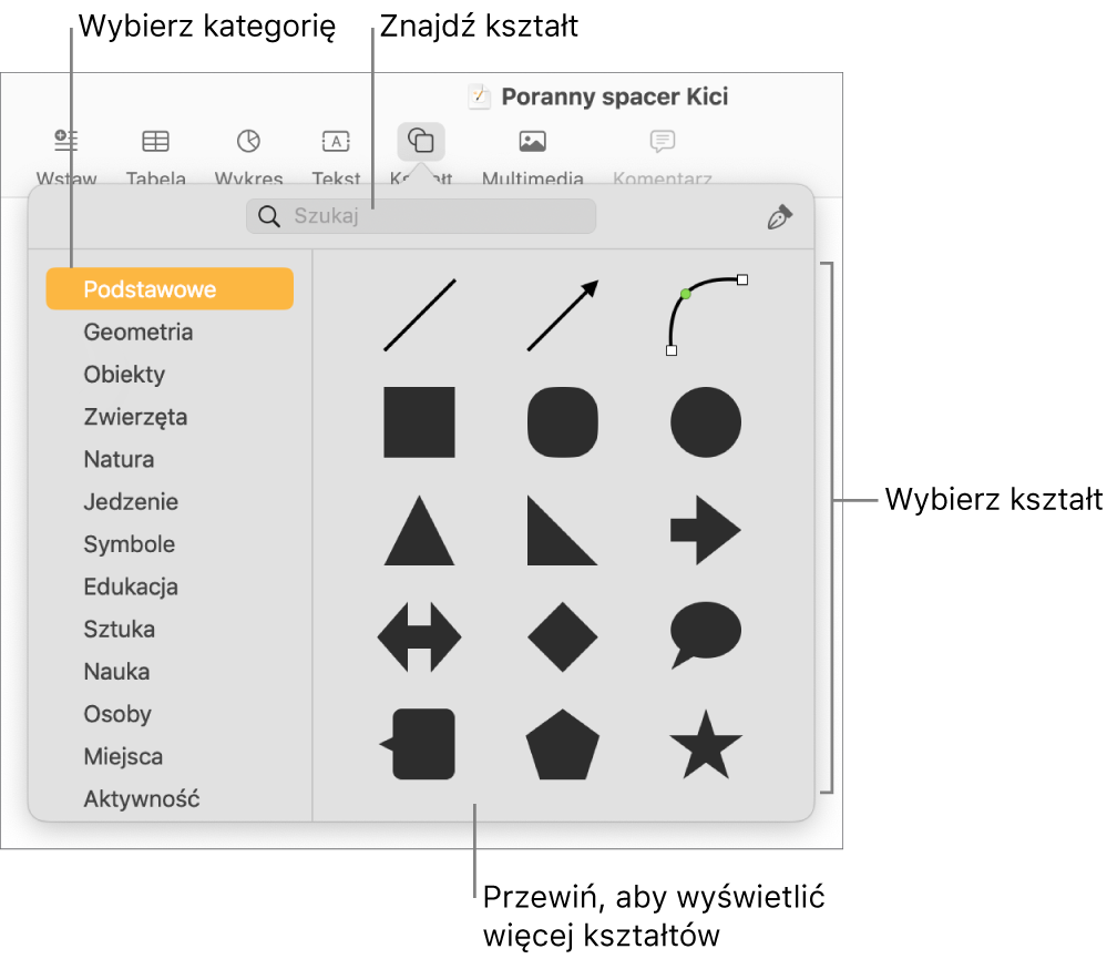 Biblioteka kształtów, po lewej widoczna jest lista kategorii, a po prawej wyświetlane są kształty. Możesz użyć znajdującego się na górze pola wyszukiwania, aby wyszukiwać kształty. Przewiń, aby zobaczyć ich więcej.