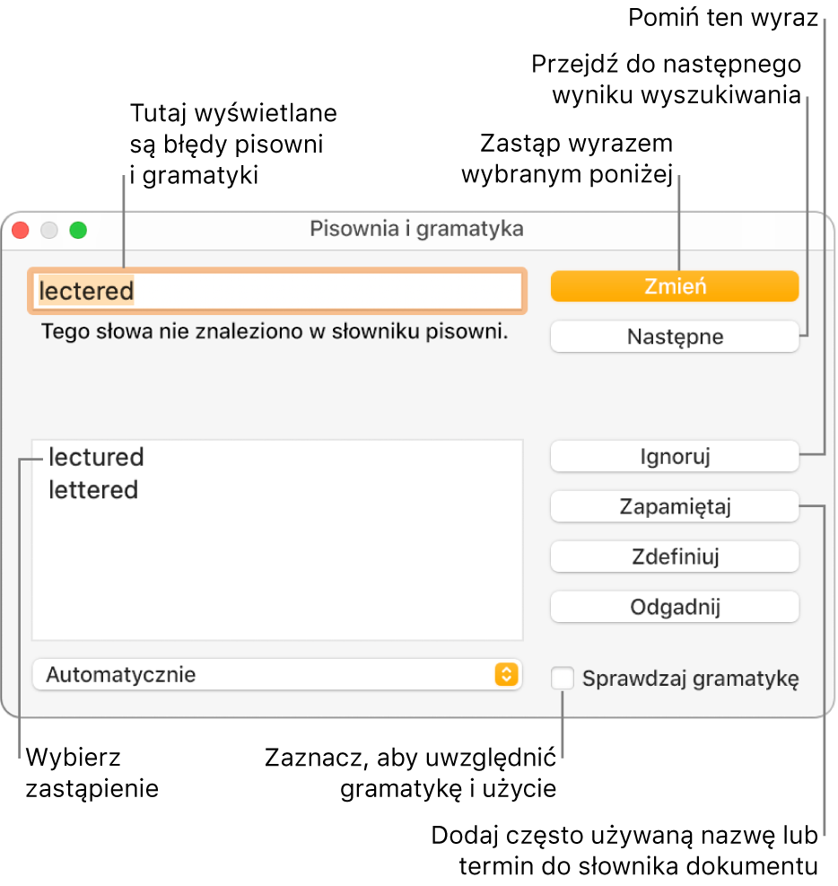 Okno pisowni i gramatyki.
