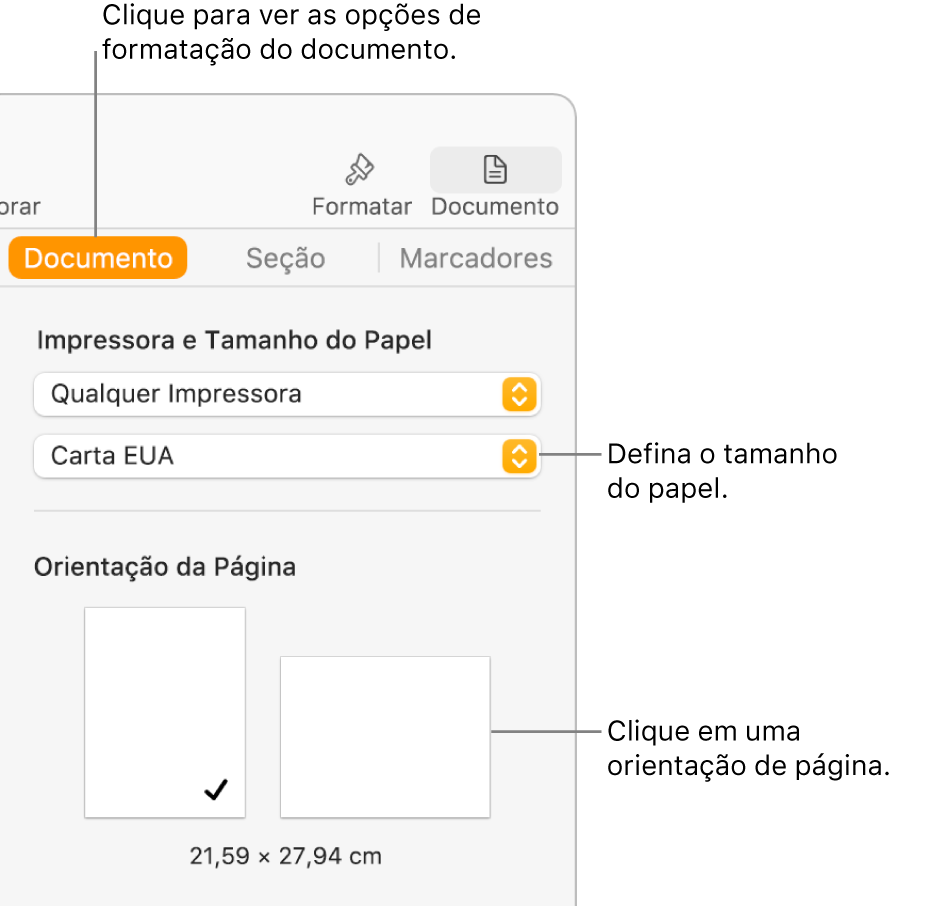 Barra lateral Documento com a aba Documento na parte superior da barra lateral selecionada. Na barra lateral estão um menu local para definir o tamanho do papel e botões para orientação vertical ou horizontal de página.