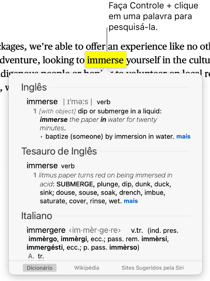 Parágrafo com uma palavra destacada e janela mostrando sua definição e uma entrada de tesauro. Botões na parte inferior da janela fornecem links para o dicionário, a Wikipédia e os sites sugeridos pela Siri.