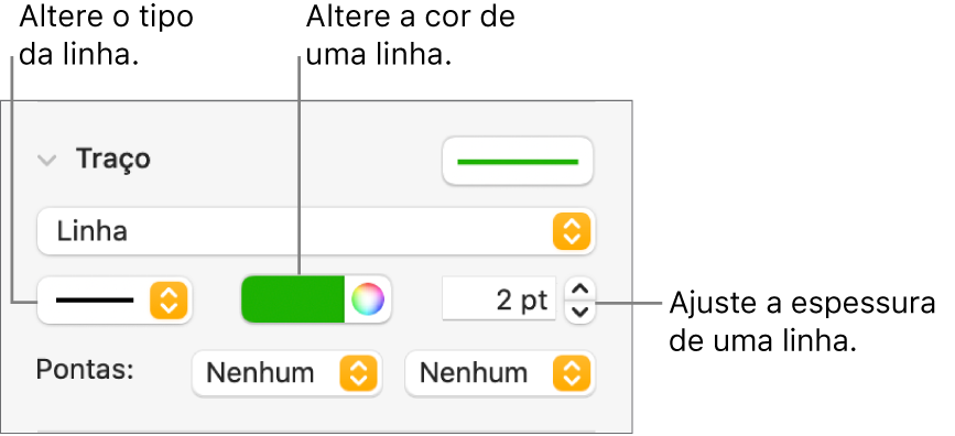 Controles de traço para definir pontas, espessura de linha e cor.