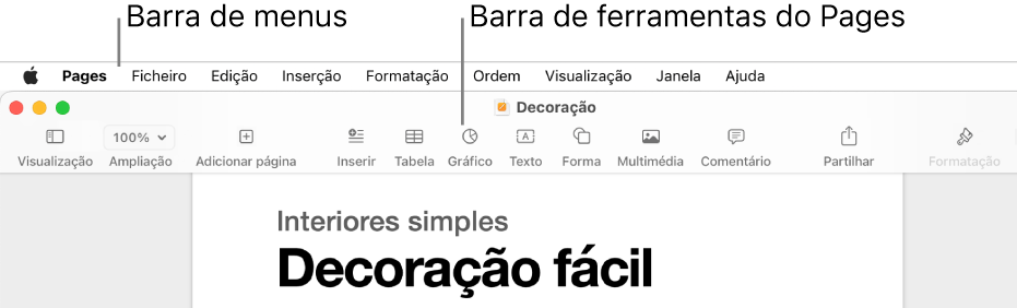 A barra de menus na parte superior do ecrã com os menus Apple, Pages, Ficheiro, Edição, Inserir, Formatação, Organização, Visualização, Partilhar, Janela e Ajuda. Por baixo da barra de menus encontra-se um documento aberto do Pages com os botões da barra de ferramentas na parte superior para Visualização, Ampliação, Adicionar página, Inserir, Tabela, Gráfico, Texto, Forma, Multimédia e Comentário.