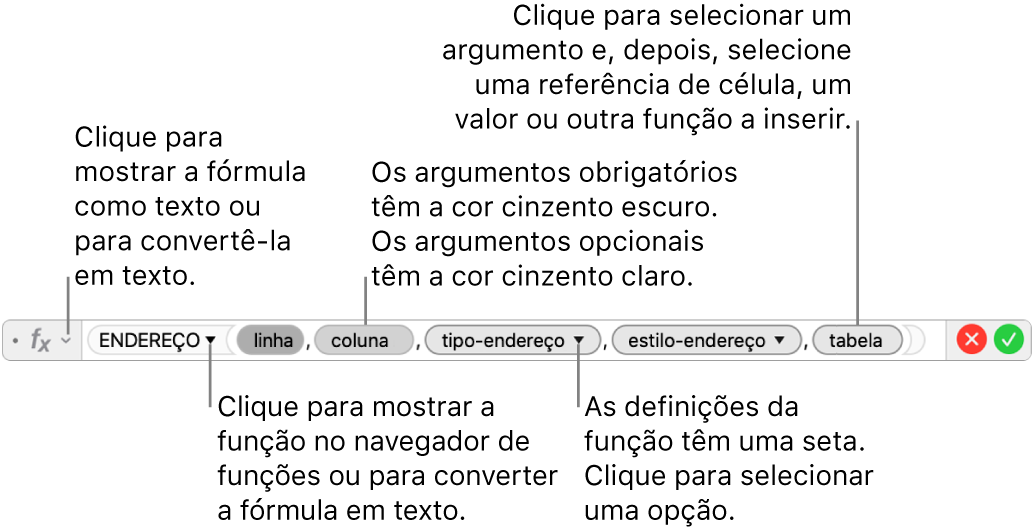 O editor de fórmulas a mostrar a função ENDEREÇO e os respetivos símbolos de argumentos.