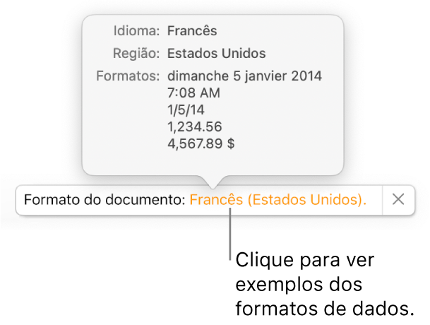 A notificação da definição diferente do idioma e região, apresentando exemplos da formatação nesse idioma e região.