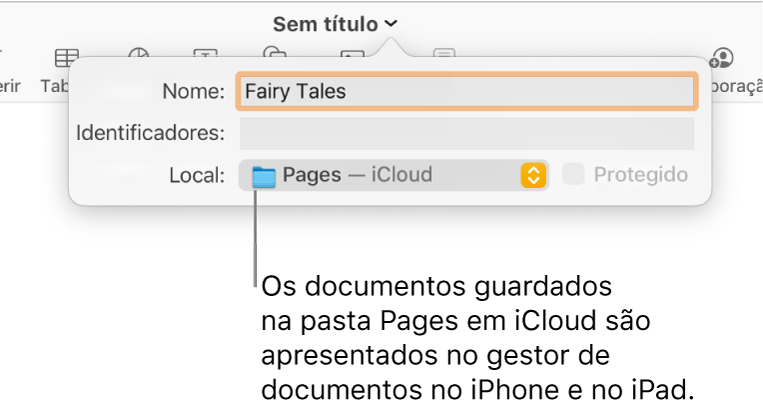 A caixa de diálogo Guardar de um documento com “Pages—iCloud” no menu pop-up Onde.