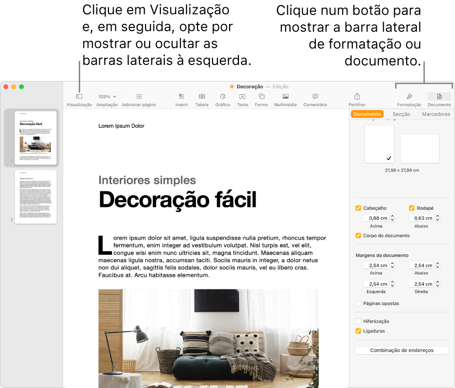 A janela do Pages com chamadas para o botão de menu Visualização e os botões de Formatação e Documento na barra de ferramentas. Barras laterais abertas à esquerda e à direita.