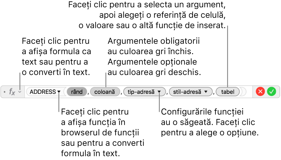 Editorul de formule afișând funcția ADDRESS și tokenurile argumente.