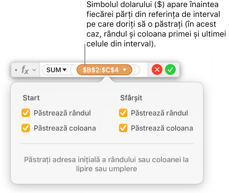 Editor de formule, cu referințe pentru rând și coloană menținute.