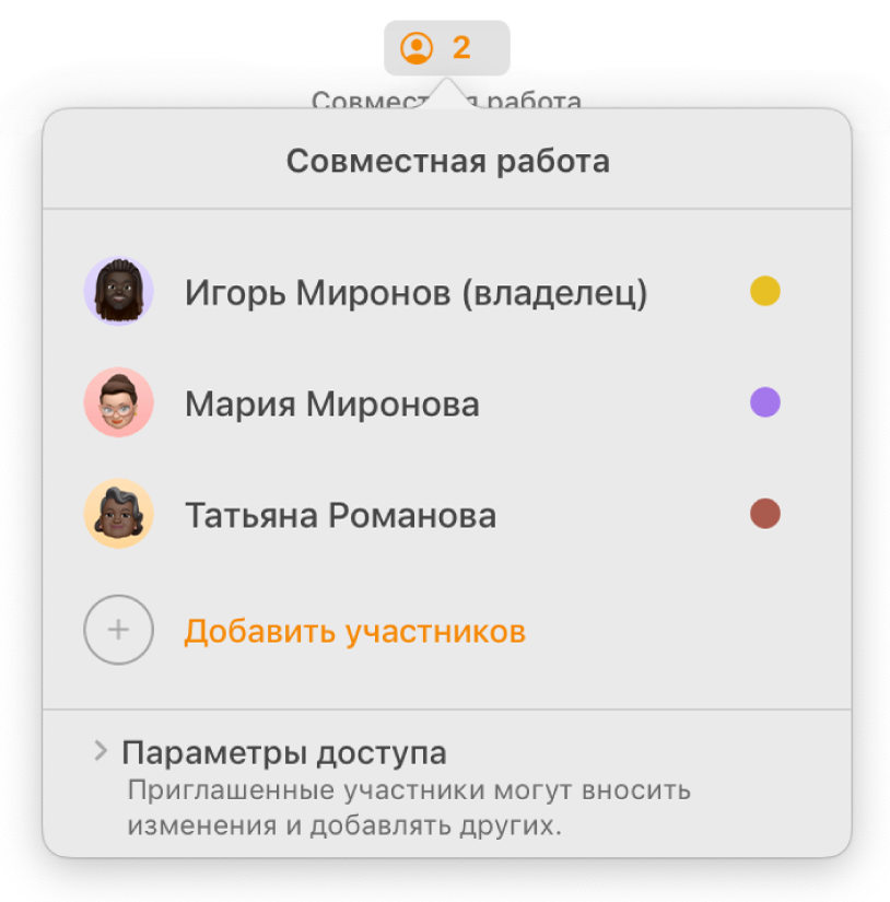 Меню «Совместная работа», в котором показаны имена людей, совместно работающих над документом. Под именами находятся параметры общего доступа.