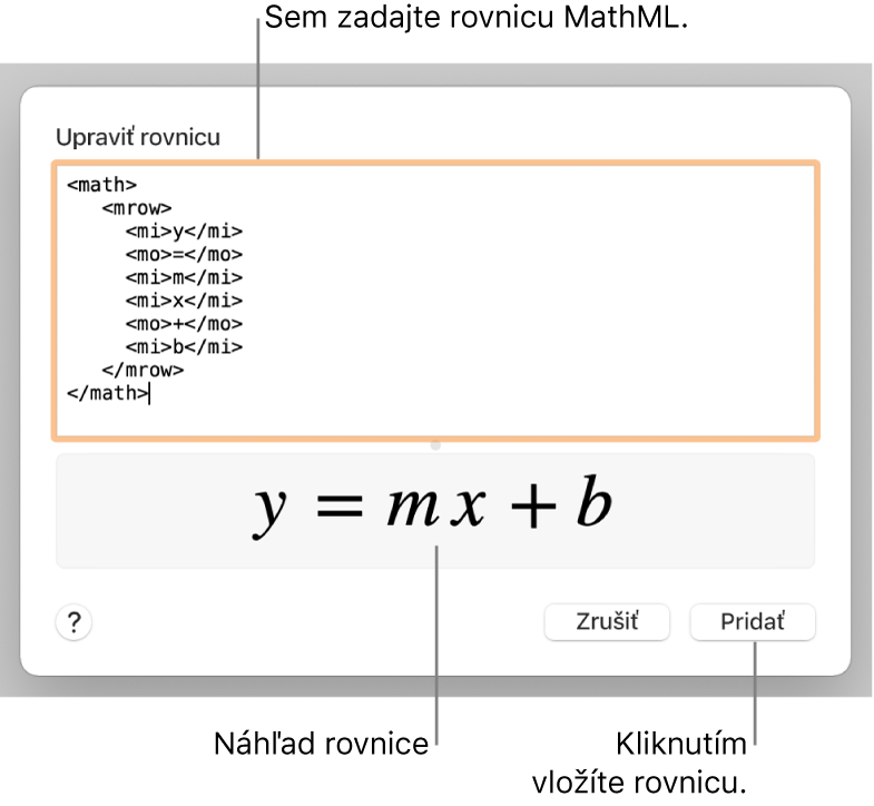 Rovnica sklonu čiary v poli Upraviť rovnicu, nižšie sa nachádza náhľad vzorca.