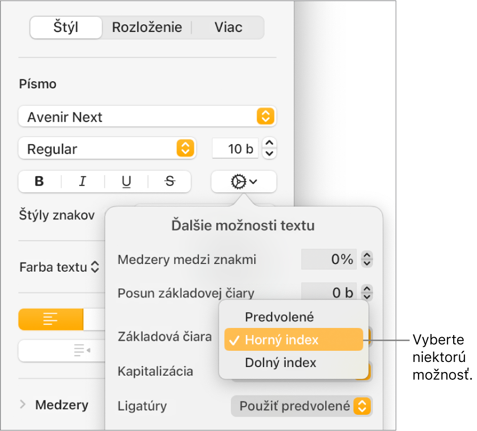 Menu Rozšírené možnosti s otvoreným vyskakovacím menu Základová čiara a zobrazujúce položky menu Predvolené, Horný index a Dolný index.