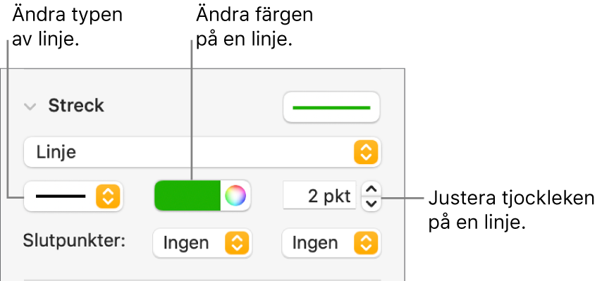 Streckreglagen för att ställa in slutpunkter, linjetjocklek och färg.