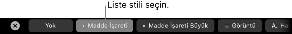 Liste stili seçme denetimleri ile MacBook Pro Touch Bar.