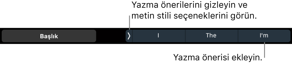 Metin stili seçme, yazma önerilerini gizleme ve yazma önerilerini girme denetimleri ile MacBook Pro Touch Bar.