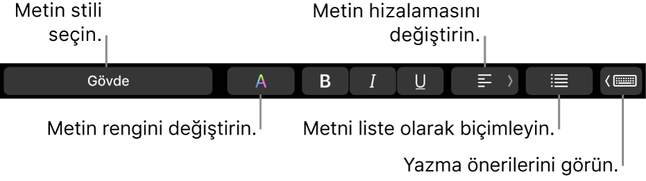 Metin stili seçme, metin rengini değiştirme, metin hizalamasını değiştirme, metni liste olarak biçimleme ve yazma önerilerini gösterme denetimleri ile MacBook Pro Touch Bar.