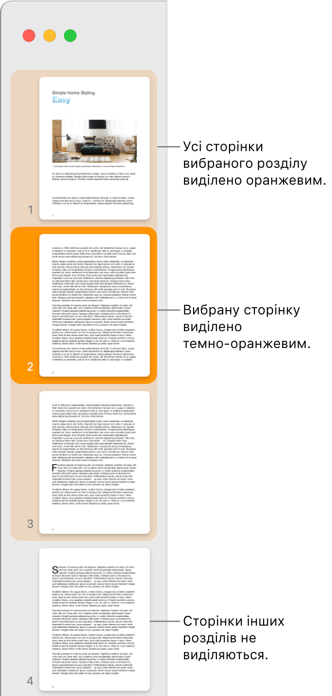 Бокова панель з переглядом мініатюр з виділеною сторінкою, підсвіченою темно-оранжевим, і розділом, підсвіченим світло-оранжевим.