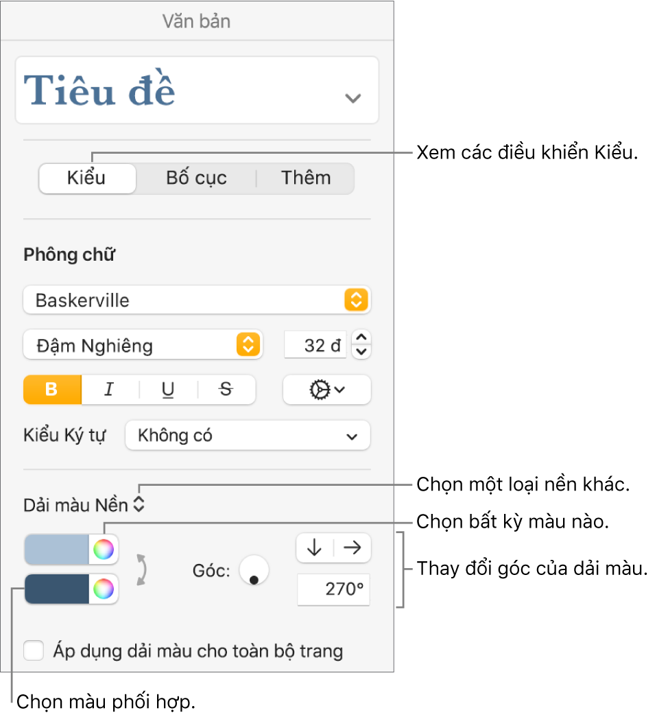 Các điều khiển để chọn màu được thiết kế sẵn hoặc bất kỳ màu nào.