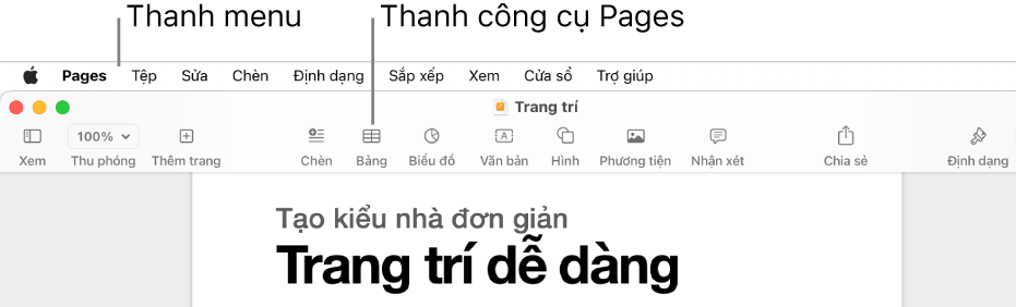 Thanh menu ở đầu màn hình với các menu Apple, Pages, Tệp, Sửa, Chèn, Định dạng, Sắp xếp, Xem, Chia sẻ, Cửa sổ và Trợ giúp. Bên dưới thanh menu là một tài liệu Pages đang mở với các nút thanh công cụ kéo dài theo cạnh trên cho Xem, Thu phóng, Thêm trang, Chèn, Bảng, Biểu đồ, Văn bản, Hình, Phương tiện và Nhận xét.