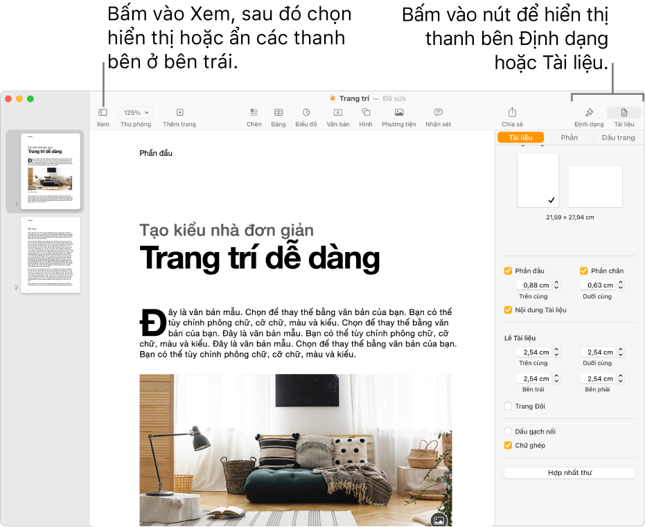 Cửa sổ Pages với các lời nhắc đến nút menu Xem và các nút Định dạng và Cửa sổ trên thanh công cụ. Các thanh bên mở ra ở bên trái và bên phải.