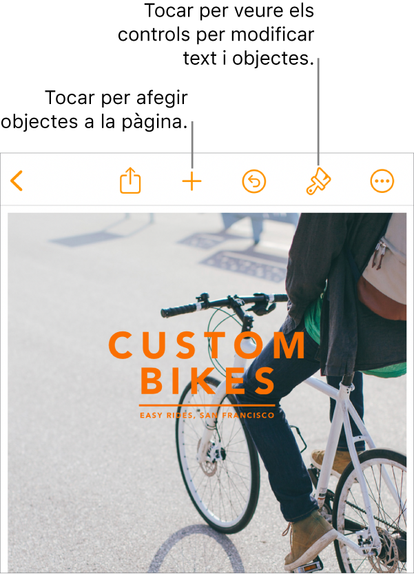 Un document del Pages, amb botons de la barra d’eines per obrir els controls de format i afegir objectes.