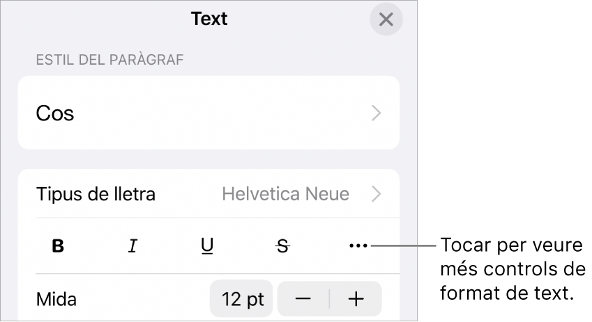 La pestanya Text dels controls de format amb una llegenda per al botó “Més opcions de text”.