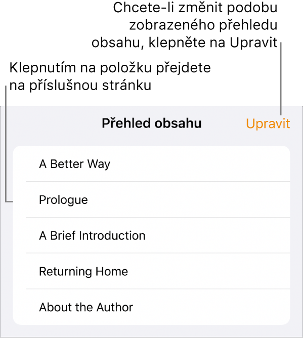 Zobrazení přehledu obsahu se seznamem záhlaví. V pravém horním rohu je umístěno tlačítko Upravit a dole se nacházejí tlačítka Miniatura stránky a Obsah