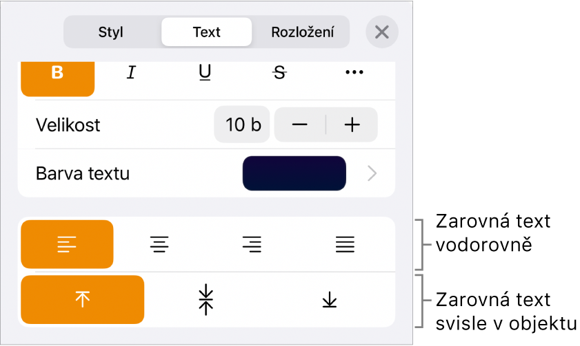 Panel Uspořádání s popisky tlačítek zarovnání textu a rozestupů