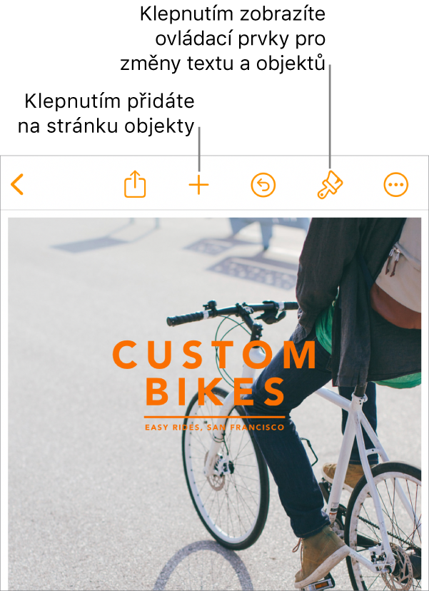 Dokument Pages s panelem nástrojů s tlačítky pro otvírání ovládacích prvků formátování a přidávání objektů