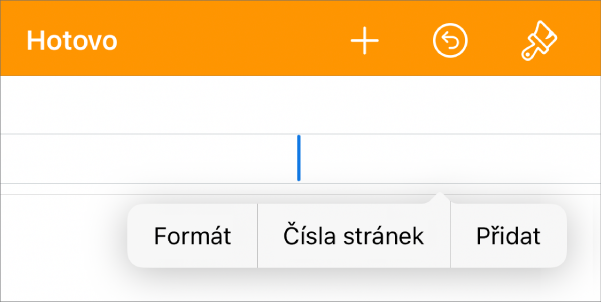 Okno Nastavení dokumentu, ve kterém je vidět ukazatel v poli záhlaví a místní nabídka se dvěma položkami: Čísla stránek a Vložit