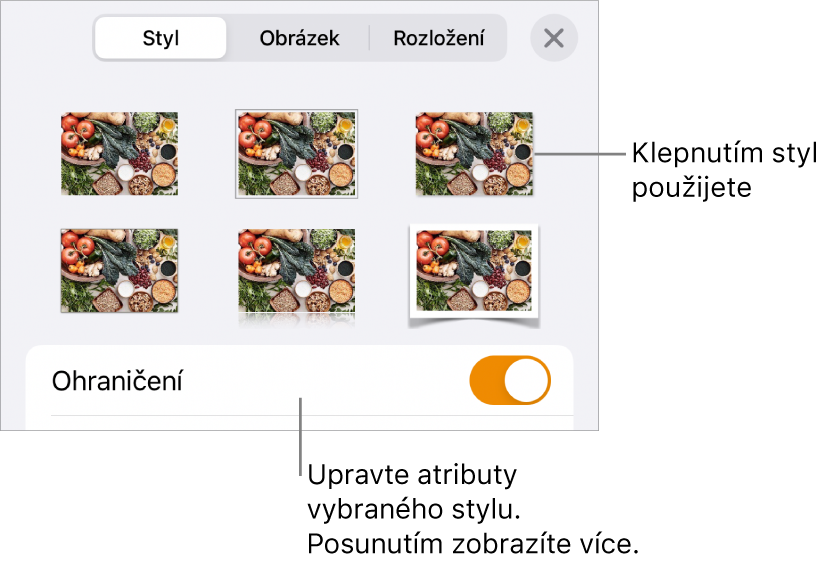 Panel Styl se styly obrázků v horní části a tlačítkem „Nastavení stylu“ dole
