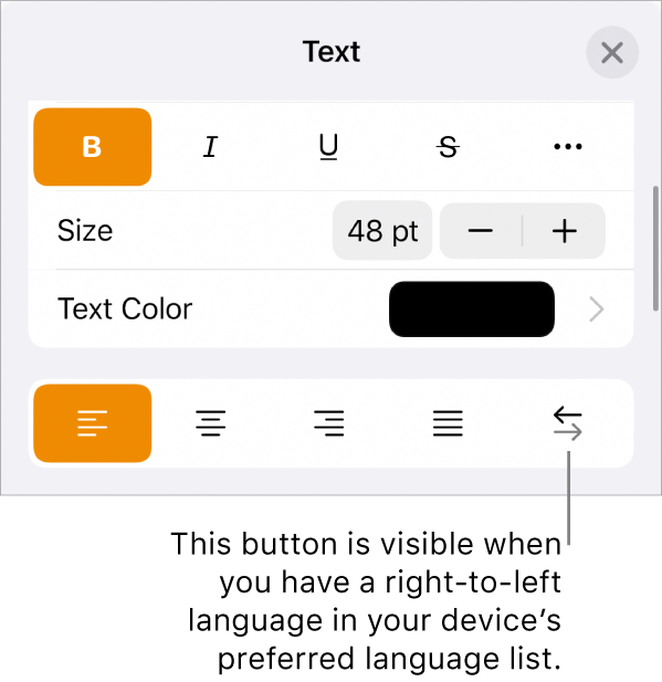 Text controls in the Format menu with a call-out pointing to the Right to Left button.