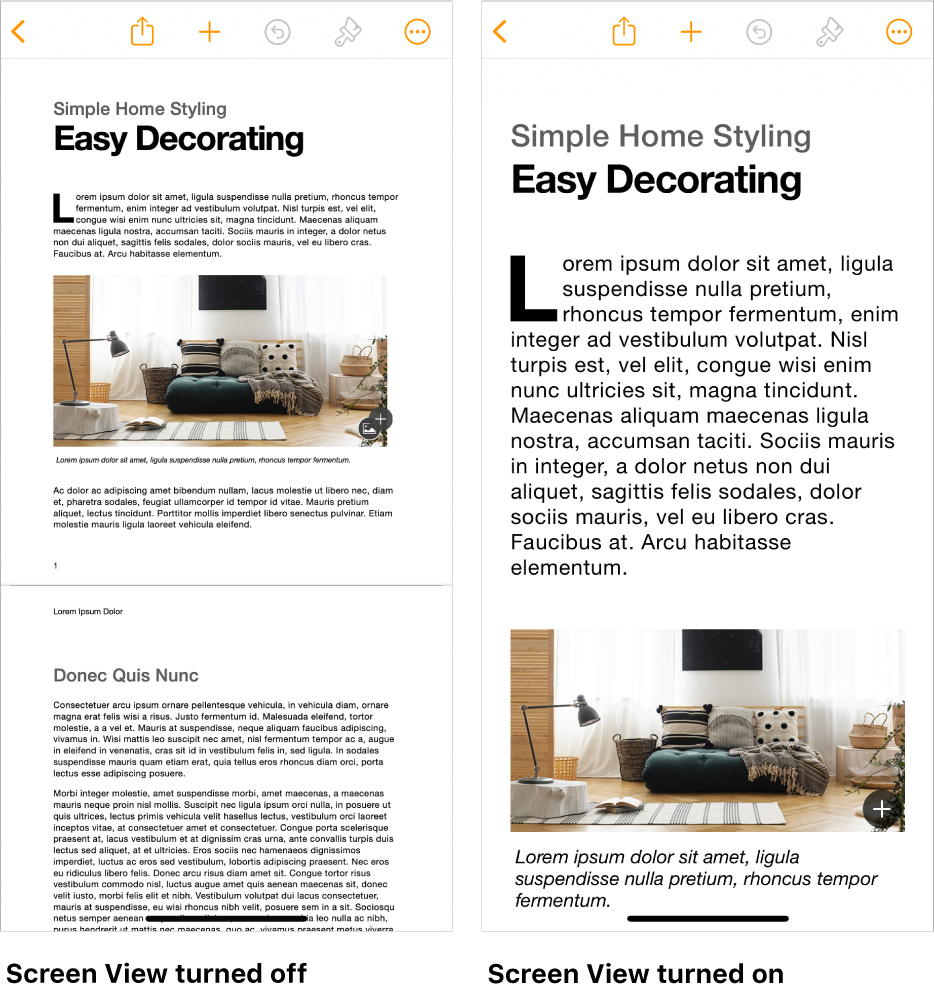 Two views of the same Pages document, one with Screen View turned on and one with Screen View turned off.