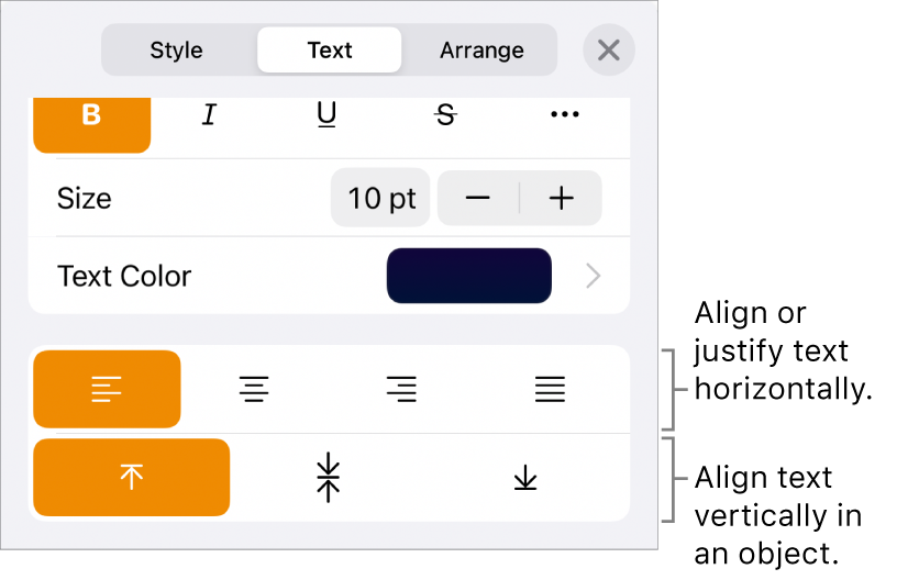 The Layout pane with callouts to the text alignment and spacing buttons.