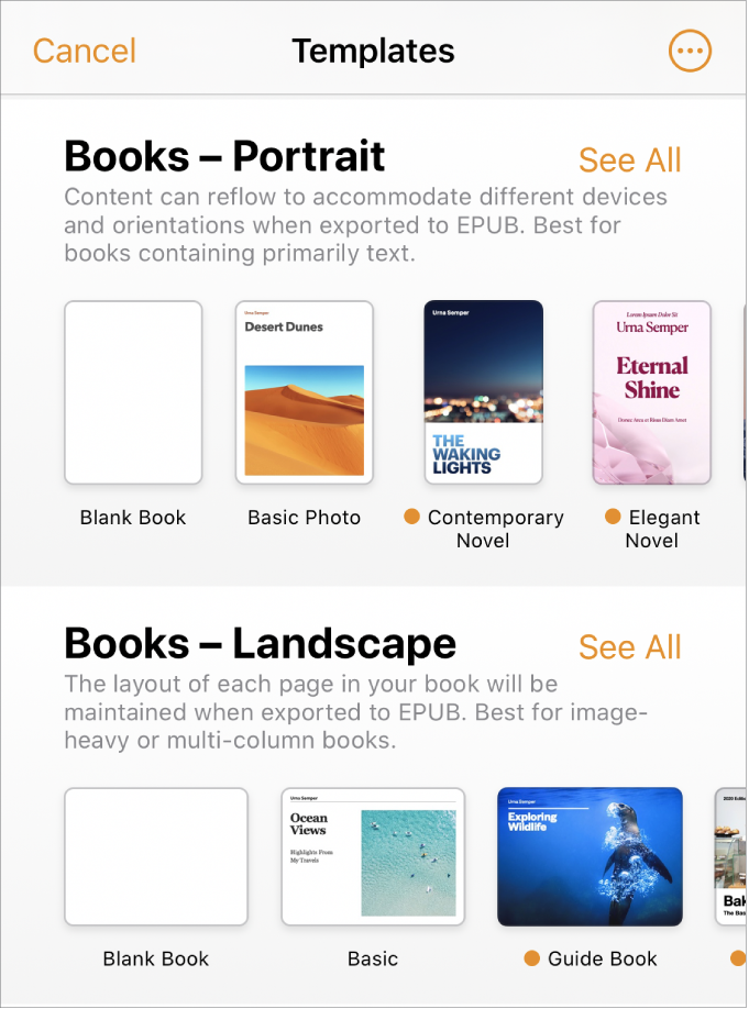 The template chooser with book templates in portrait orientation at the top and landscape orientation below.