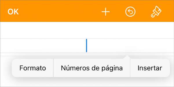 La ventana Configuración con el punto de inserción en un campo de cabecera y un menú desplegable con dos ítems de menú: “Números de página” e Insertar.