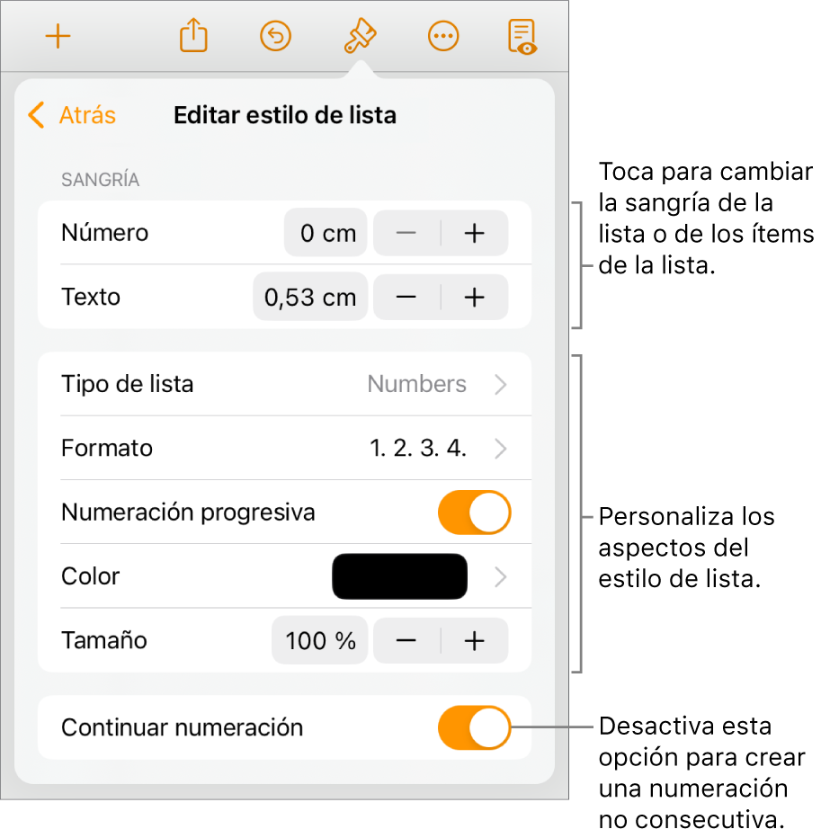 Menú “Estilo de lista” con controles para el interlineado de la sangría, el tipo de lista y el formato, la numeración progresiva, el color de la lista y el tamaño, y la numeración continua.