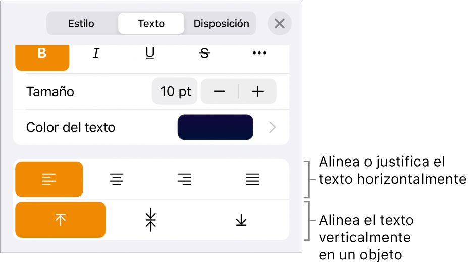 El panel Alineación con llamadas a los botones de alineación de texto y espaciado.