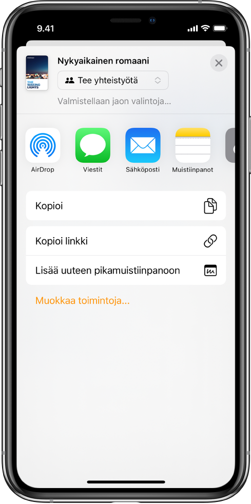 Lisää ihmisiä -näytöllä näkyy kuva dokumentista, jota ollaan jakamassa. Alapuolella on painikkeita kutsun lähettämiseen. Vaihtoehtoina ovat muun muassa Viestit, Mail ja Kopioi linkki. Alareunassa on Jakovalinnat-painike.