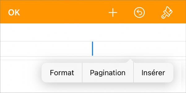 La fenêtre Mise en page avec le point d’insertion dans un champ d’en-tête et un menu contextuel avec deux éléments de menu : Pagination et Insertion